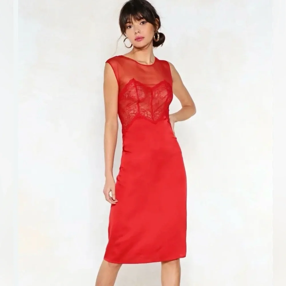nasty gal red lace dress Red Nessa Barrett Satin Lace Cutwork Tie Front Mini Dress